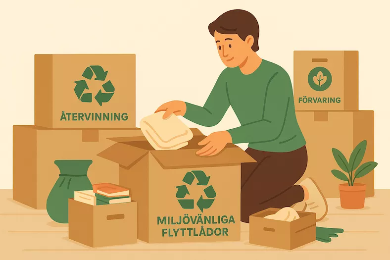 En person packar miljövänliga flyttlådor tillverkade av återvunnet material, omgiven av kartonger märkta för återvinning och förvaring